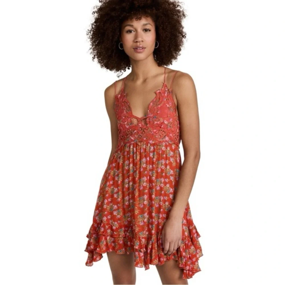 Free People Adella floral printed slip mini dress, featuring a lace bodice Small
